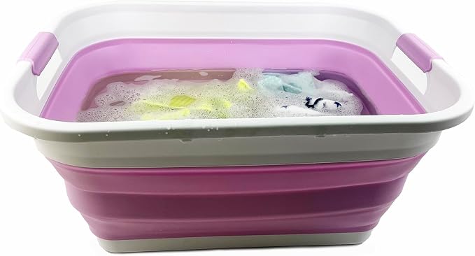 SAMMART 41L (10.8 gallon) Collapsible Plastic Laundry Basket - Foldable Pop Up Storage Container/Organizer - Portable Washing Tub - Space Saving Hamper/Basket (Rectangular, White/Pale Purple) - Image 6