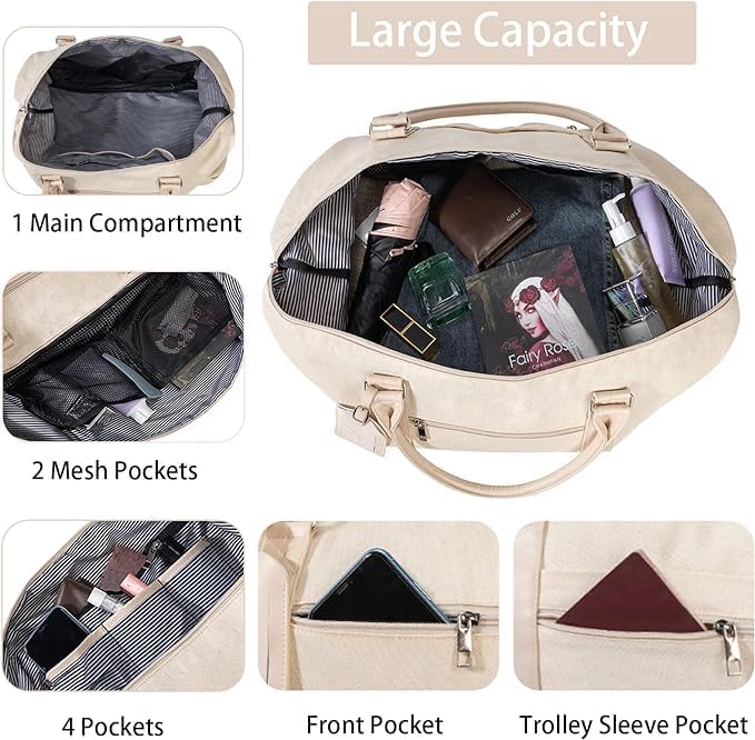 Oeihuivt Weekender Bags for Women - 21 Inch Large Travel Duffel Bag 2-Piece Set with Shoe Compartment, Heavy-Duty Canvas & Leather Carry On Overnight Tote (Airplane Approved) - Image 7