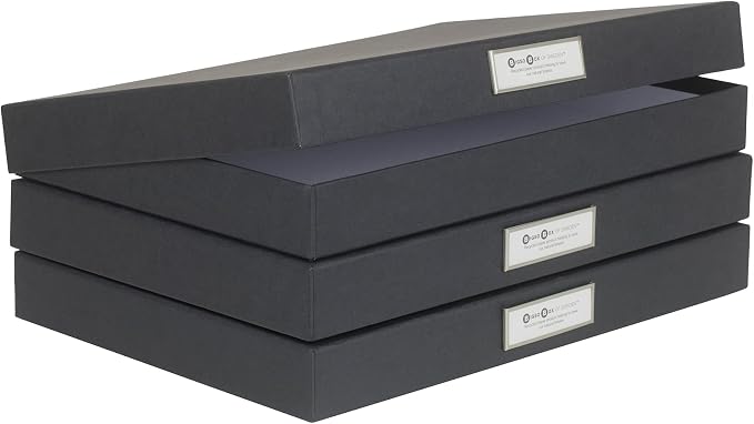Bigso Sven Fiberboard Classic Hinged Document Box - File Organizer for Important Paperwork - Document Storage Box with Hinged Lid & Label Window - 1.8 in x 13.2 in x 9.3 in - 3 Pack - Dark Grey - Image 2