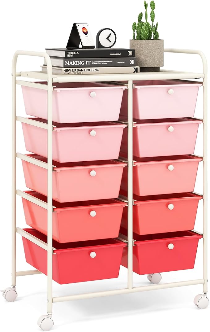 10 Drawer Rolling Cart, Storage Cart Organizer on Wheels, Drawer Cart with Metal Frame & Large Storage Capacity, Rolling Cart with Drawers for Living Room Classroom, Office by LDAILY