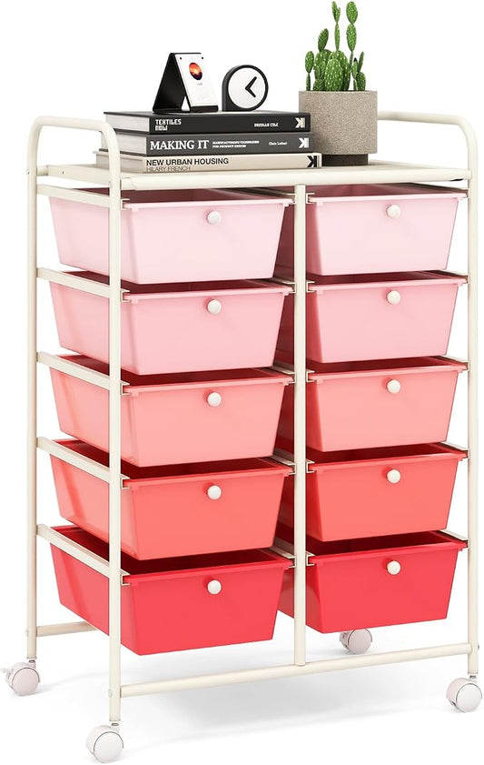 10 Drawer Rolling Cart, Storage Cart Organizer on Wheels, Drawer Cart with Metal Frame & Large Storage Capacity, Rolling Cart with Drawers for Living Room Classroom, Office by LDAILY