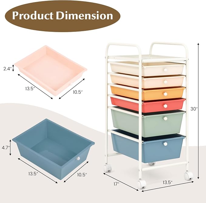 GOFLAME 6-Drawer Rolling Storage Cart, Multifunctional Art Craft Organizer Cart, Mobile Utility Storage Cart with Removable Drawers & Lockable Wheels, Craft Cart for Home Office, Macaron Color - Image 3
