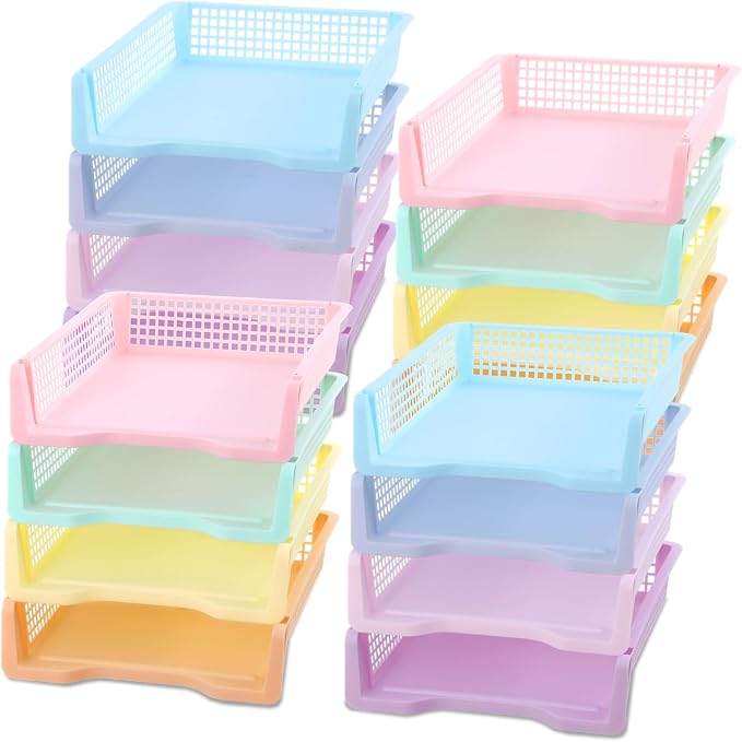 16 Pack Pastel Plastic Turn in Paper Trays for Classroom Storage Bin Basket Organizers for School Teacher Supplies Classroom Office Home Organization Storage Tray Holds 4A Paper File Document by gisgfim