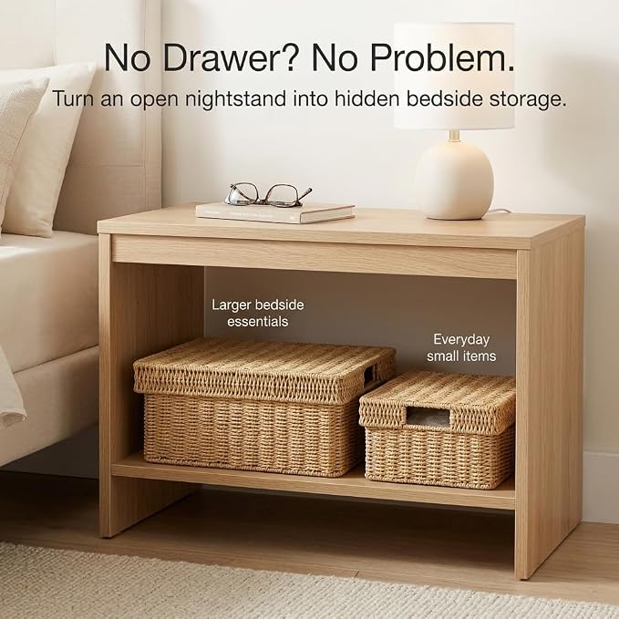 Wicker Storage Baskets with Lids for Shelves, 2-Basket Set, Natural | Two rectangular wicker baskets with removable lids, large and medium, for decorative shelf storage; lids flip into trays. - Image 7