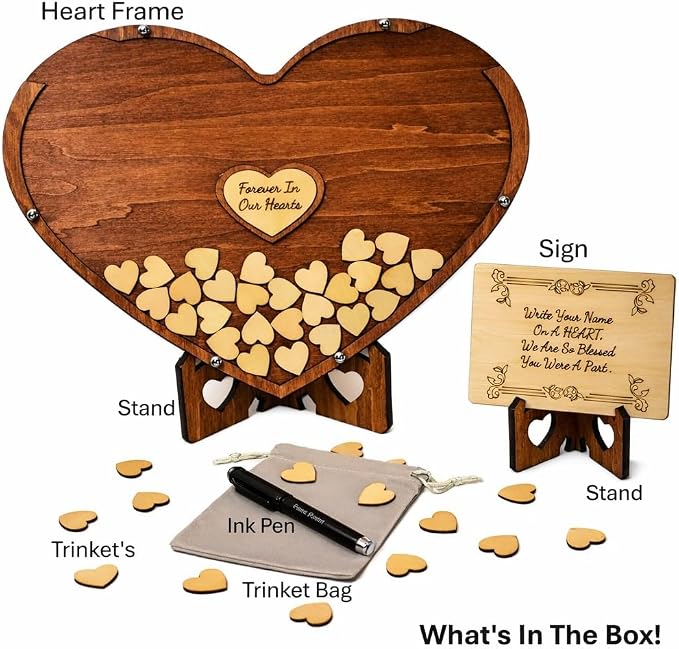Wooden Heart Memorial Guest Book Alternative, Featuring-Forever in Our Hearts, Signing Hearts with Display Stand (135 Trinkets) - Image 6