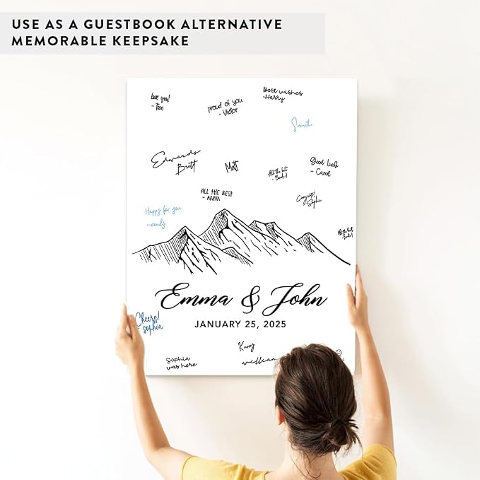 Andaz Press Custom Large Canvas Wedding Guest Book Alternative, 16 x 20 Inches, Monochrome Woodland Mountains Vertical Personalized Sign Our Canvas Guest Book Signs for Wedding Rustic Woodland Theme - Image 6