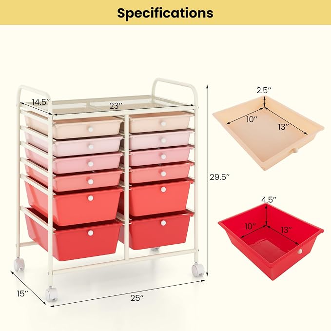Giantex 12 Drawer Rolling Storage Cart Tools Scrapbook Paper Office School Organizer (Pink Gradient) - Image 3