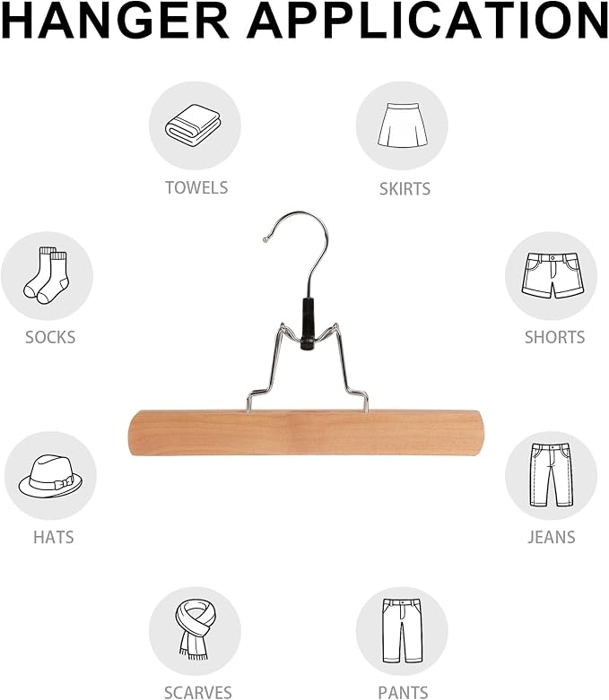 Wooden Non Slip Pants Hangers with Soft Felt Lining, 12-Pack, 9.8" | Solid Wood Clamp Hangers, 360° Swivel, for Skirts, Jeans, Slacks, Trousers, Shorts - Image 5
