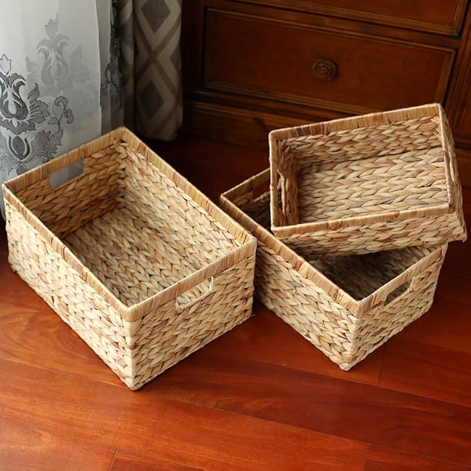 Woven Natural Water hyacinth Rectangular Storage Baskets with inside Handle,Kingwillow(Large) | Rustic decor, with handles, brown‑tan tone, for shelves, bathroom, kitchen, entryway, office files, pet toys - Image 4