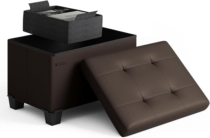 Storage Ottoman Cube with Small Bin, 16-in Square Ottoman with Storage for Living Room and Bedroom, Small Ottomans Foot Rest, Leather Foot Stools Ottomans Max 330lbs, Brown by STORAGEBUD