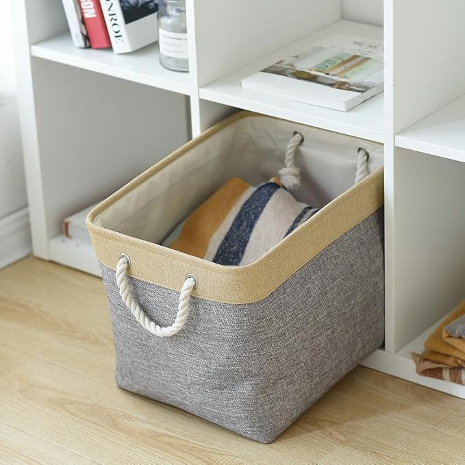 Storage Basket for Organizing - Fabric Large Cubes 3 Pack 16x12x12 inch Baskets, Cube Storage Bin for Shelves Organizer Closet Cloth Gift Toy (Gold & Grey) - Image 4