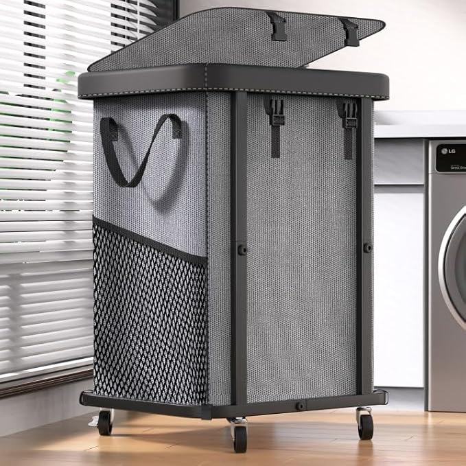 Laundry Basket with Wheels,150L (40 Gal) Rolling Hamper Carts - Gary | Leather Patchwork Laundry Hamper,Sturdy Metal Frame, Removable Washable Bag, Tall Clothes Sorter for Bedroom, Laundry Room by Unlockyourhomestoragelife