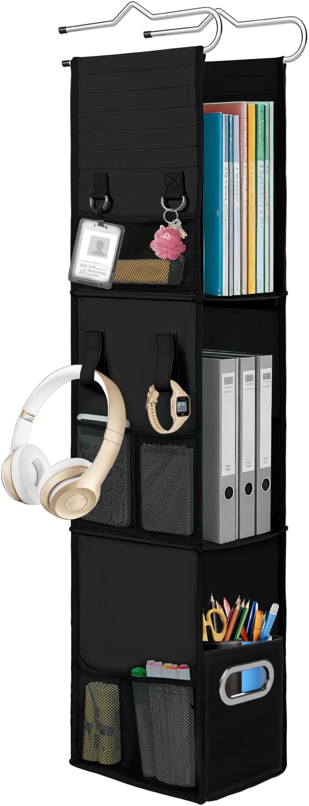 3 Shelf Hanging Locker Organizer with Side Pockets, Dark Black | Durable Oxford Fabric, Deep Shelves 9 in x 7 in, Adjustable Locker Shelf from 3 to 2 Shelves for School Locker, Gym, Closet by LOVEGRASS