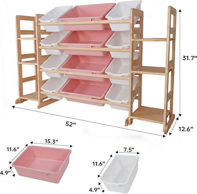 Amdermi Kids Toy Storage Organizer, 51" W White 6-Shelf Bookcase with 12 Bins, Cubby Unit for Toddler Playroom & Bedroom Organization（Pink） - Image 3
