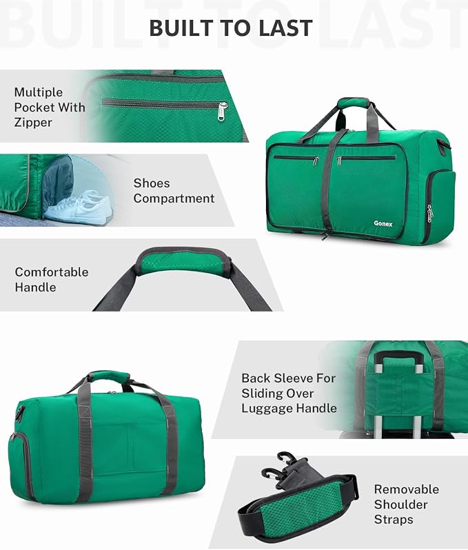 Gonex 100L Foldable Travel Duffle Bag with Shoe Compartment, Lightweight | 210D Nylon, Water-Repellent, Folds Compact, Multiple Pockets, Luggage Sleeve,Family Travel & Camping, Mint Green - Image 3