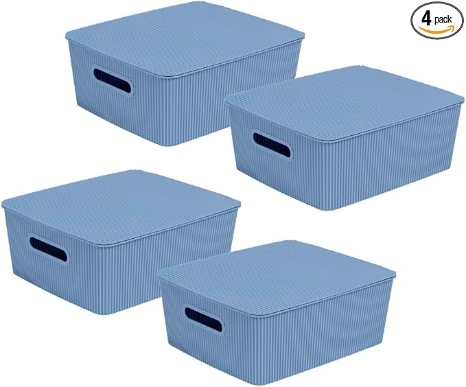 Glad Storage Baskets with Lids - Set of 4 Stackable Plastic Boxes with Handles - Decorative Shelf Organizer Bins for Bathroom and Closet, Blue, 3.1 Gallons by GladTrashFoodStorage
