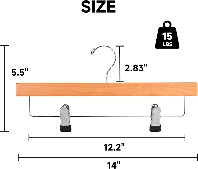 24-Pack 14" Wood Pants Hangers, Adjustable Non-Slip Clip, Natural Wood | Solid Wood Material, Bottom Hangers with 360° Swivel Hook, Space Saving Hangers for Skirts, Slacks, Trousers, Jeans - Image 2