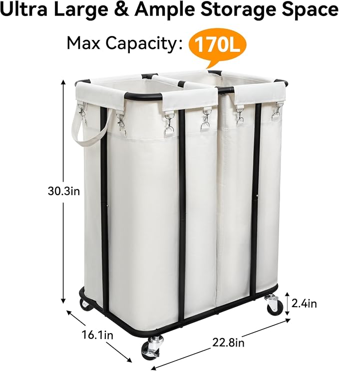 WOWLIVE Double Laundry Hamper with Wheels, 170L Rolling Laundry Basket | 2 Section Laundry Hamper, Laundry Cart with Steel Frame, Removable Bags, Large Dirty Clothes Hamper Dorm Room Storage, Beige - Image 4