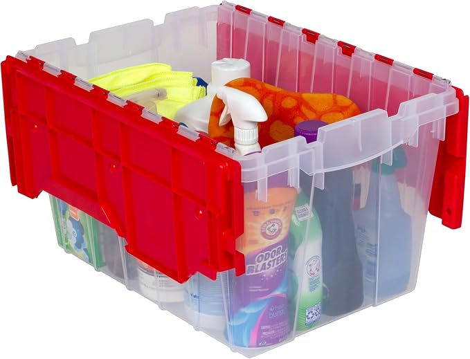 Akro-Mils KeepBox 12 Gallon Storage Container, Nesting and Stackable Plastic Storage Box with Lid Attached, Clear Tote for Garages, Closets, and Moving, 21-1/2" x 15" x 12-1/2", Clear/Red, 6-Pack - Image 8