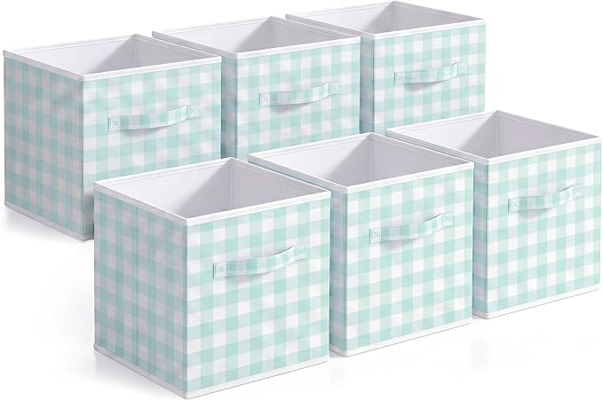 Yalikop 6 Pcs Green Gingham Cube Storage Bins, 11 Inch Fabric Checkered Classroom Storage Bins Organizer with Handle Preppy Collapsible Cubby Basket for Classroom Home Nursery Playroom Bedroom by Yalikop