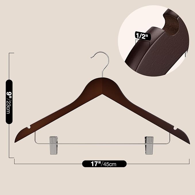 Wooden Hangers with Clips 12 PCS Pant Hangers with Clips,Smooth Solid Wooden Pants Hangers,360 Swivel Hooks & Adjustable Clips,for Jeans,Skirt,Suit,Shorts,Scarf.（Walnut） - Image 7