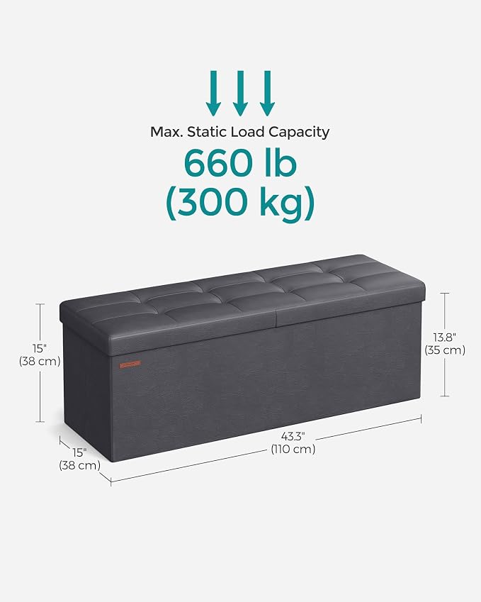 SONGMICS MAZIE Collection - 43 Inches Storage Ottoman Bench with Flipping Lid, Storage Chest with Iron Frame Support, Load 660 lb, for Living Room, Bedroom, Synthetic Leather, Dark Gray ULSF075G01 - Image 3