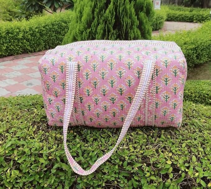 Cotton Floral Printed Quilted Duffle Bag Large | Hand Block Print, Weekender Bag, Shoulder Travel Overnight Bag, 20x10x10 Inches - Image 5