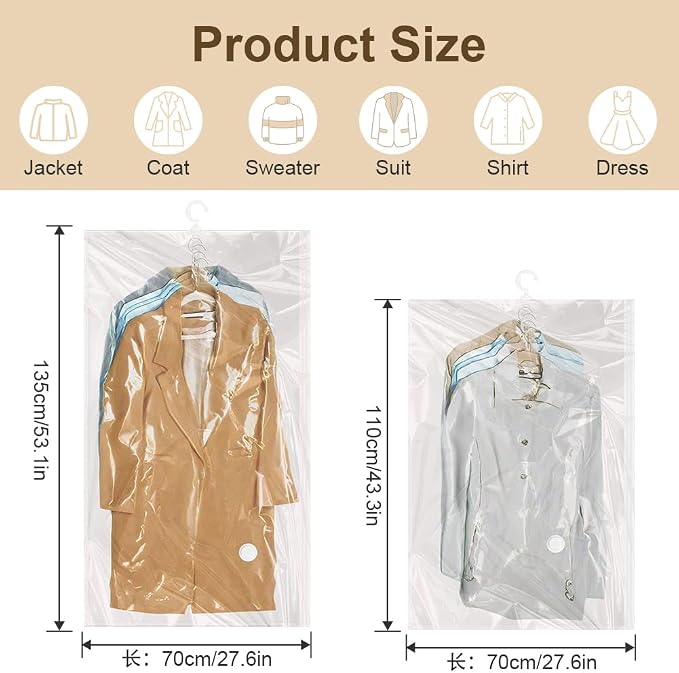 Flintronic Hanging Vacuum Storage Bags, 4pcs(2 Long 135x70CM & 2 Short 110x70CM) Vacuum Compression Zipper Storage Bags, Space Saver for Clothes, Suits, Dresses, Coats or Jackets - Image 2