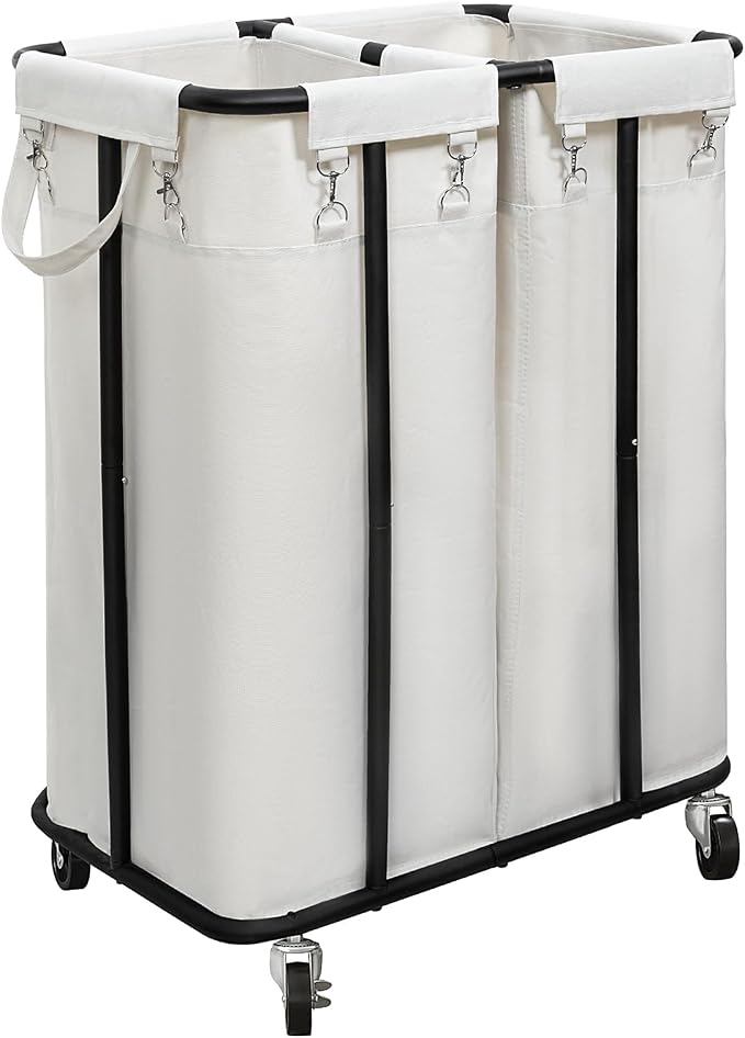 WOWLIVE Double Laundry Hamper with Wheels, 170L Rolling Laundry Basket | 2 Section Laundry Hamper, Laundry Cart with Steel Frame, Removable Bags, Large Dirty Clothes Hamper Dorm Room Storage, Beige by WOWLIVE