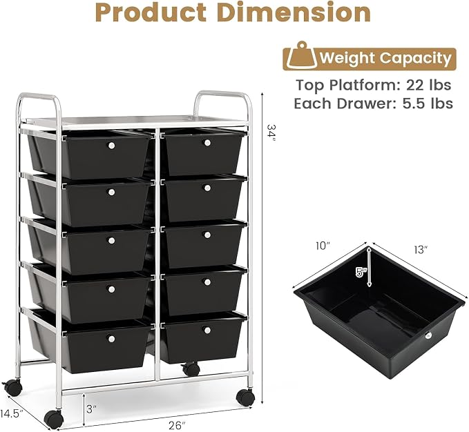 10 Drawer Rolling Cart, Storage Cart Organizer on Wheels, Drawer Cart with Metal Frame & Large Storage Capacity, Rolling Cart with Drawers for Living Room Classroom, Office - Image 3