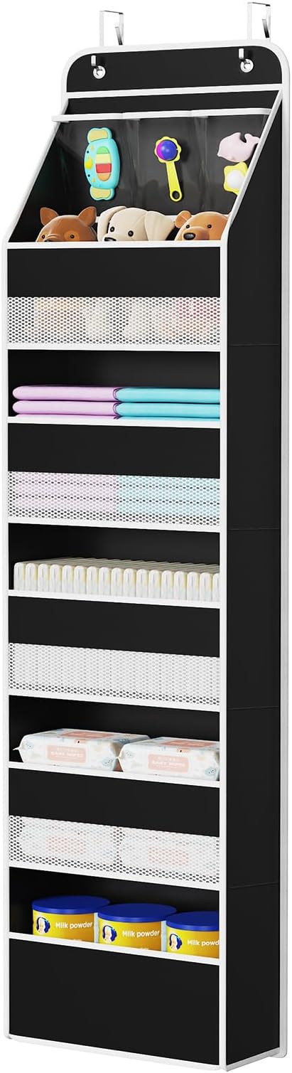 Univivi Fabric Over Door Hanging Organizer for Baby Nursery, Black, 6-Shelf | Door Storage with Large Capacity Breathable Mesh Pockets, Back of Door Organizer for Baby Essential, Bedroom, and Dorm by Univivi