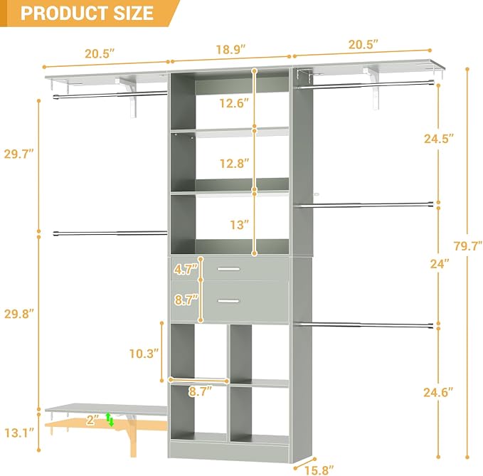 5FT Small Closet System, Baby Closet Organizer System with Wooden Drawers, 60 Inches Walk in Closet System with 5 Hanging Rods and 3 Reversible Hanging Shelving, Crab Green - Image 3