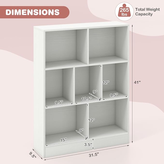 HONEY JOY Kids Toy Storage Organizer, 7-Section Wooden Floor Storage Cabinet, 41” Daycare Toy Chest, 3-Tier Kids Display Bookshelf for Classroom, Playroom & Nursery, Kindergarten (White) - Image 3