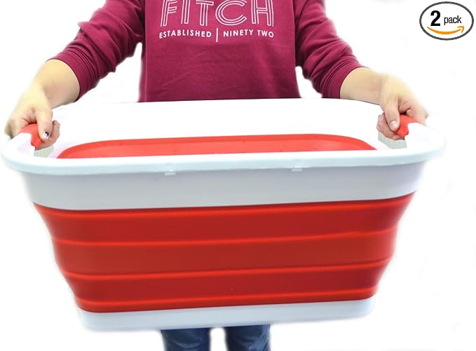 SAMMART Set of 2-41L(10.8 gallon) Collapsible Plastic Laundry Basket-Pop Up Storage Container-Portable Washing Tub-Space Saving Hamper/Basket, Water capacity:32L(8.4 gallon) (2 Rectangular, Red) by SAMMART