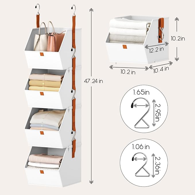 Hanging Closet Organizer 4 Tier - Clothes Hanging Shelves, Space-Saving Closet System, Fabric Storage Bins Bedroom Organization, Collapsible Baskets for Home, Dorm, Rv, White, 8 Pack - Image 3