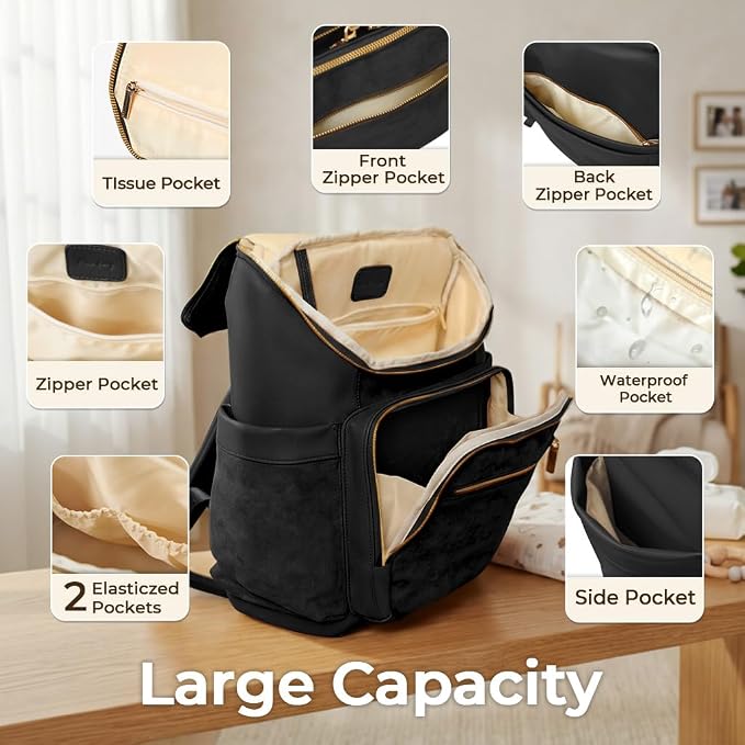 miss fong Leather Diaper Bag Backpack Suede Baby Backpack with Changing Pad | 14Pockets Convertible Mommy Diaper Backpack for Mom Waterproof Wet Pocket,Insulated Pockets,Stroller Straps Luggage Sleeve - Image 5