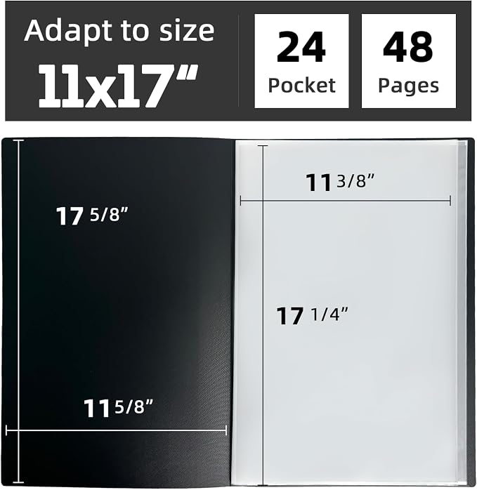 11x17 Black Art Portfolio Folder Displaying 48 Pages with Plastic Sleeves | 24-Pocket Presentation Book Binder For Artwork Storage Featuring Dark Inner Paper Inserts Protective Document Archival Holder - Image 2