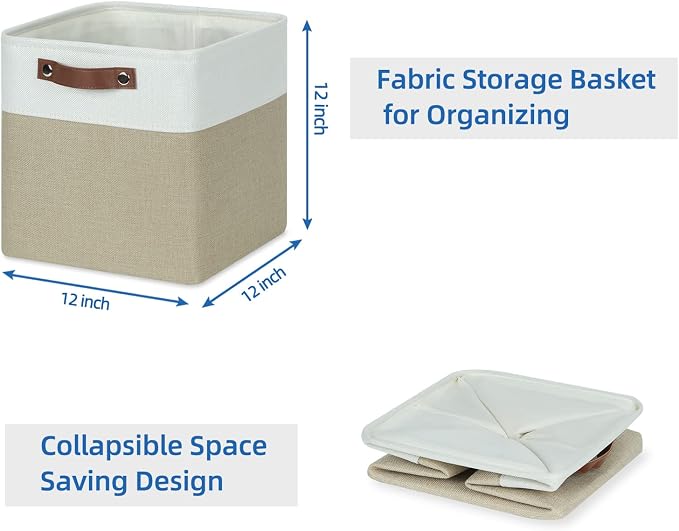 Temary Fabric Storage Baskets 12x12 Cube Bins 4 Pack Cloth Baskets for Shelf, Storage Cubes Bins Gift Empty (White&Khaki) - Image 7