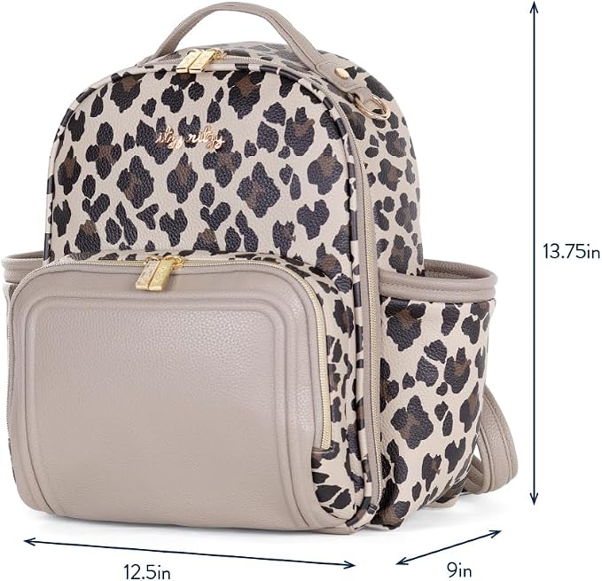 Itzy Ritzy Mini Diaper Bag Backpack - 10 Pockets w/Changing Pad (Leopard) | Chic Mini Plus Diaper Bag with 2 Insulated Bottle Pockets, Key Lanyard, Wipeable Changing Pad, Grab-Top Handle & Rubber Feet - Image 8