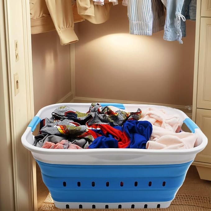 SAMMART 42L (11 gallon) Collapsible Plastic Laundry Basket - Foldable Pop Up Storage Container/Organizer - Portable Basket - Space Saving Hamper/Basket (2, White/Marine Blue) - Image 3