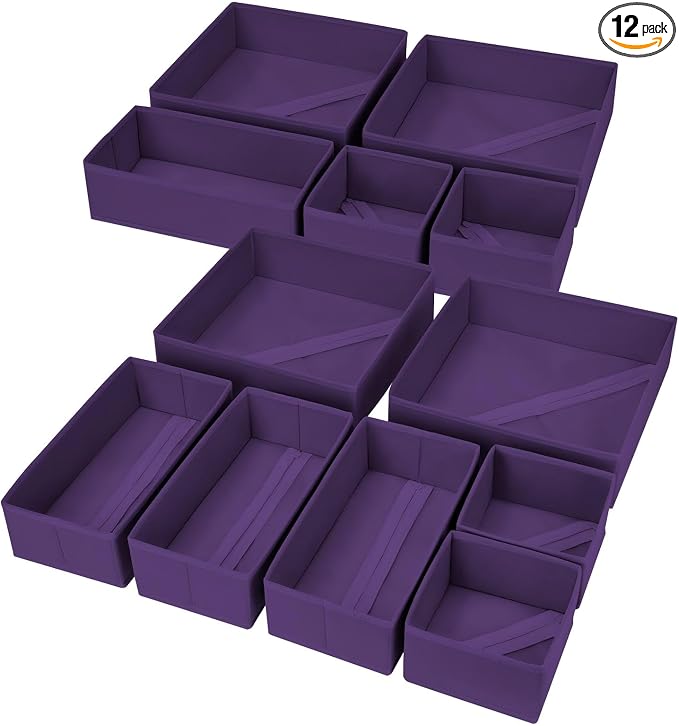 DIMJ Drawer Organizer Clothes, 12 Pack Dresser Organizer, Foldable Closet Organizers and Storage, Fabric Dresser Bins, Drawer Dividers for Nursery, Baby Clothes, Underwears, Sock (Purple) by DiMJ