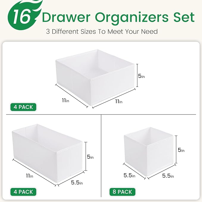 16 Pack Underwear Drawer Organizer, Drawer Organizer Clothes, Foldable Cloth Storage Box Closet Dresser Drawer Divider Organizer for Clothes, Scarves (White) - Image 3