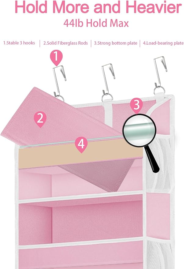 TAHAVICE 2 Pack Over the Door Storage Organizer with 5 Large Pockets | 44 lbs Weight Capacity & 10 Mesh Pockets Door Hanging Organizers and Storage for Bedroom,Bathroom,Nursery,Babyroom(Pink) - Image 3