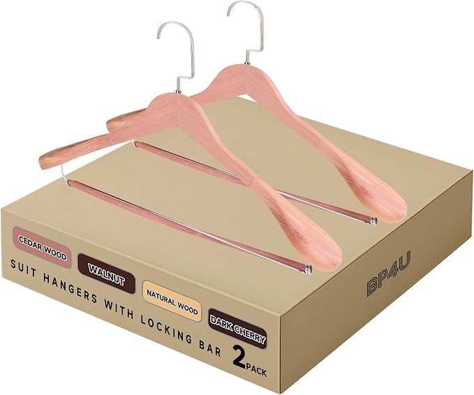 Wide Shoulder Wooden Hangers with Locking Bar, Cedar Wood, 2-Pack | Non-Slip Suit Hangers with Flat-Head Hook for Suits, Jackets, Coats, Shirts, Outerwear and Heavy Clothes by BP4U%E2%84%A2