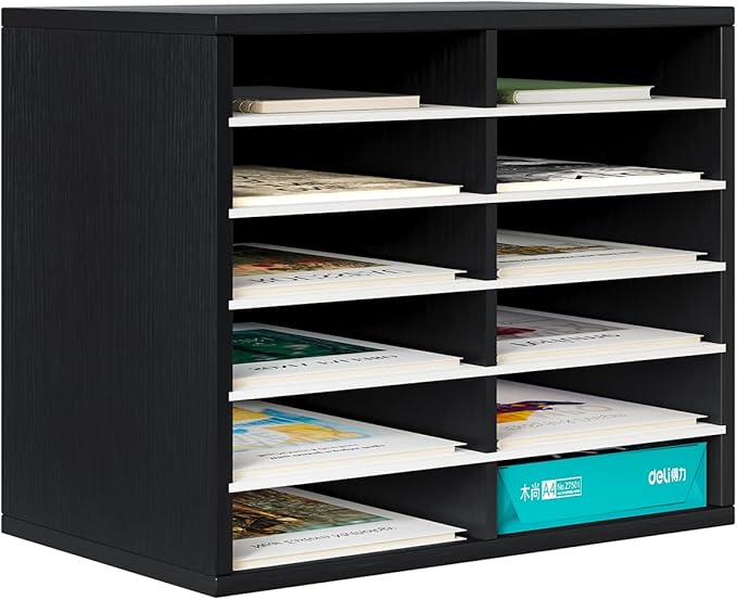 Countertop Mail Sorter Organizer, Wooden Literature Organizer, Student Mailbox for Classroom, Desktop Bill Organizer for Office Home School, 12 Compartments, Black&White by PAG