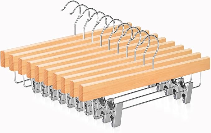 TOPIA HANGER Lotus Wood Pants Hangers, Natural Wooden Skirt Short Jeans Trouser Hanger with Smooth Surface 360° Swivel Hook Anti Rust 2 Adjustable Clips, 10 Pack, CT10PY by TOPIAHANGER