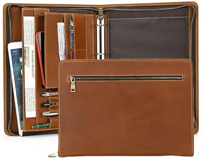 Zippered Padfolio Organizer, Leather Planner Binder, 12.9 Inch Portfolio Folder for Documents, Letter Size Business Card Tablet Document Holder for Men&Women, Brown by UPRESYE