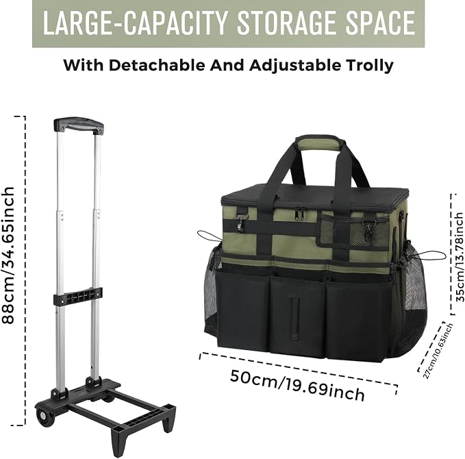 Rolling Cleaning Caddy Bag with Detachable Trolley, Large Cleaning Supplies Organizer with Wheels, Multi-Pocket Cleaning Cart with Adjustable Shoulder Strap for Housekeepers & Home Use, Armygreen - Image 5