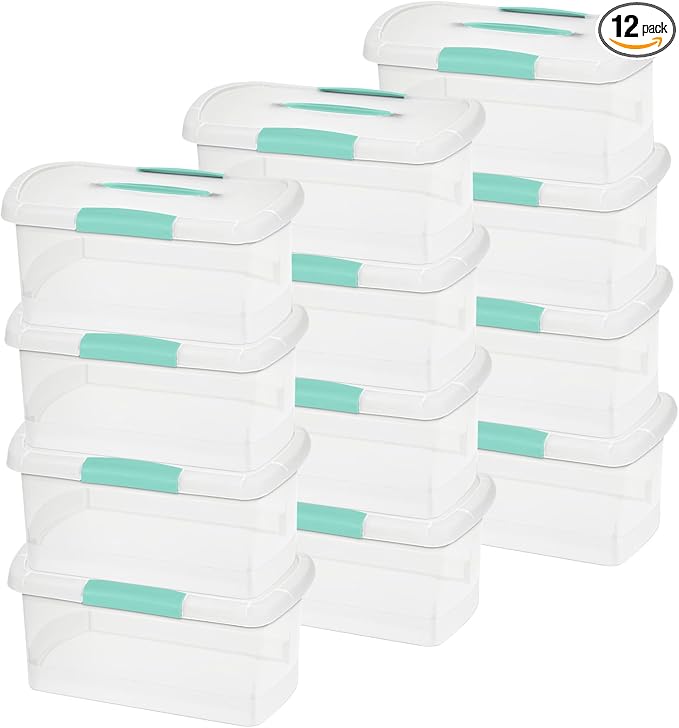 Sterilite Medium Nesting ShowOffs, Stackable Small Storage Bin with Latching Lid and Handle, Plastic Container to Organize Home, Clear, 12-Pack by Sterilite