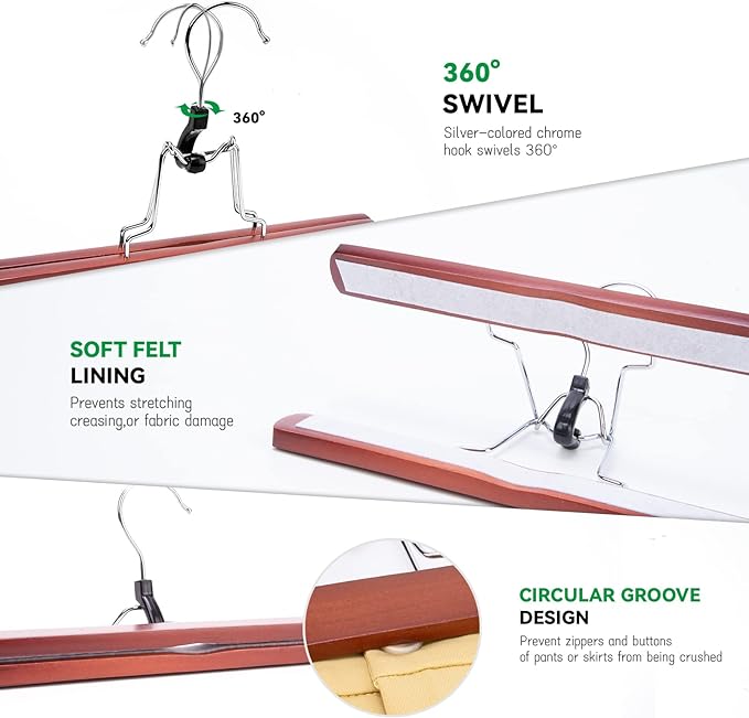 Nature Smile Wooden Non-Slip Pants Skirt Hangers - Smooth Finish Solid Wood Jeans Slack Clamp for Hair Extensions (20 Pack Cherry) - Image 4